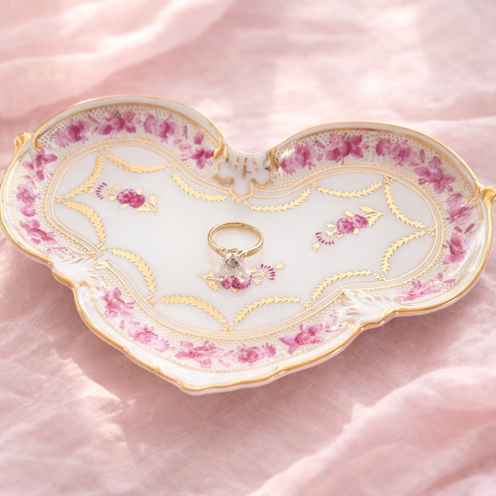 Vintage Pink Floral Porcelain Gold Trim Trinket Dish Cottagecore Decor